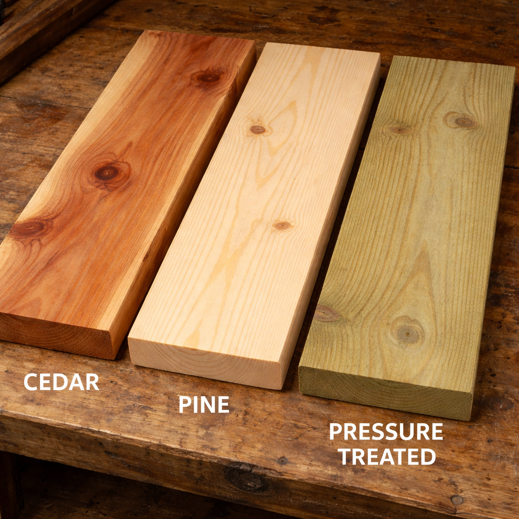 “Square image comparing cedar, pine, and pressure-treated lumber boards, highlighting grain pattern and color differences for outdoor woodworking projects.”