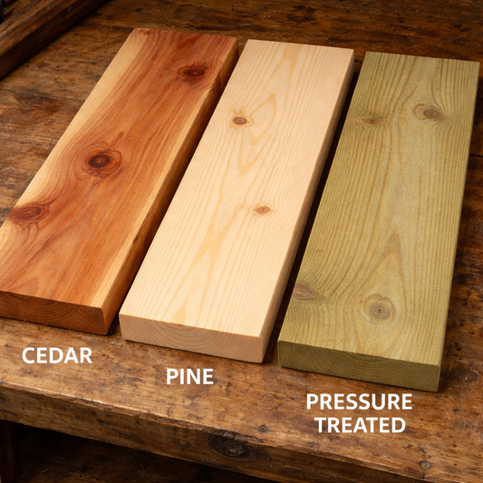 “Square image comparing cedar, pine, and pressure-treated lumber boards, highlighting grain pattern and color differences for outdoor woodworking projects.”