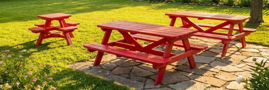 Red-painted wooden picnic tables set on a stone patio and grassy backyard, showing durable outdoor furniture designed for long-lasting use in a garden setting.