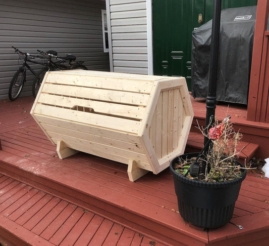 Completed Hexagon Storage Bin built from our hexagon storage bin woodworking plan