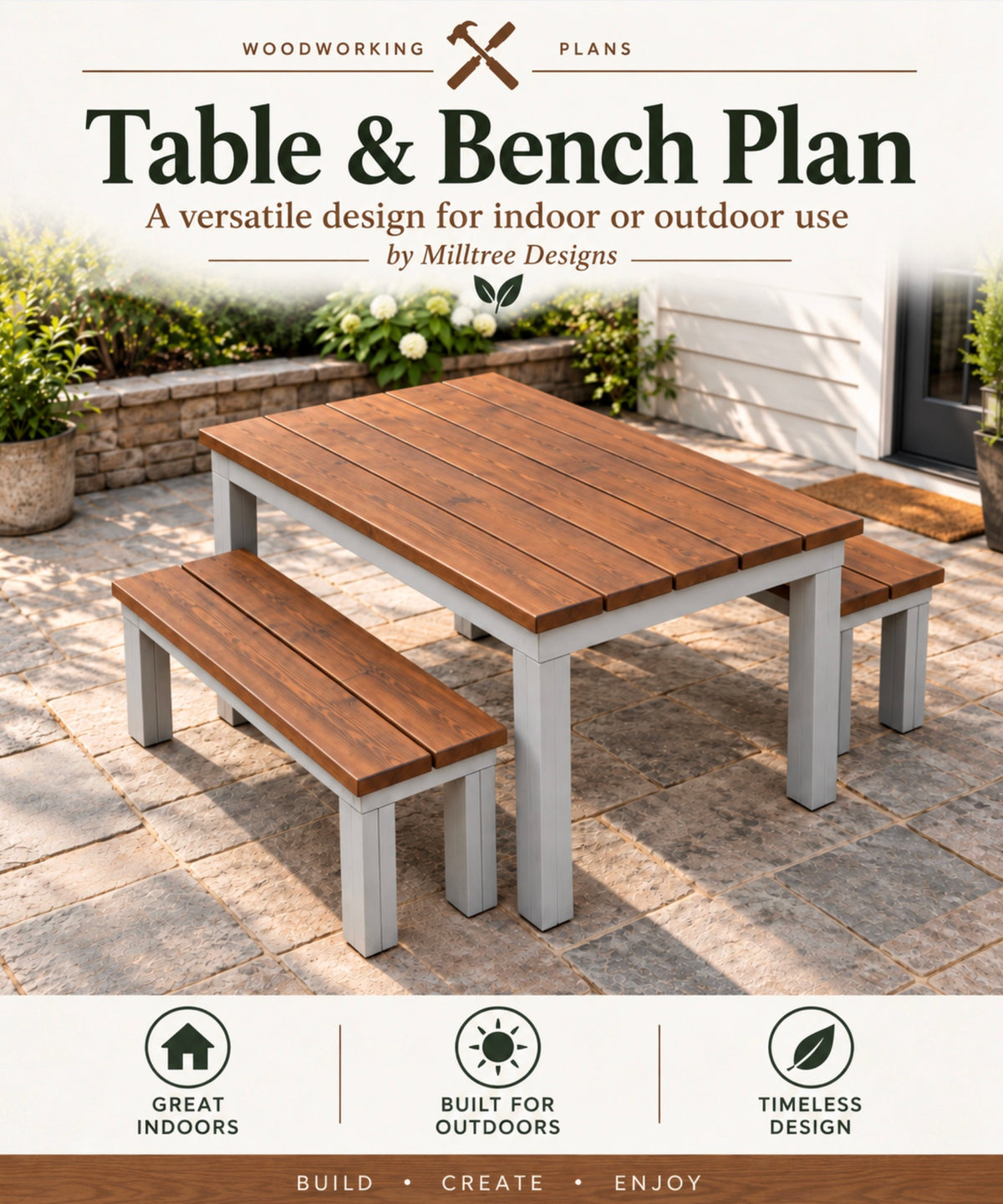 Finished wooden table with two freestanding benches that slide underneath for space-saving seating