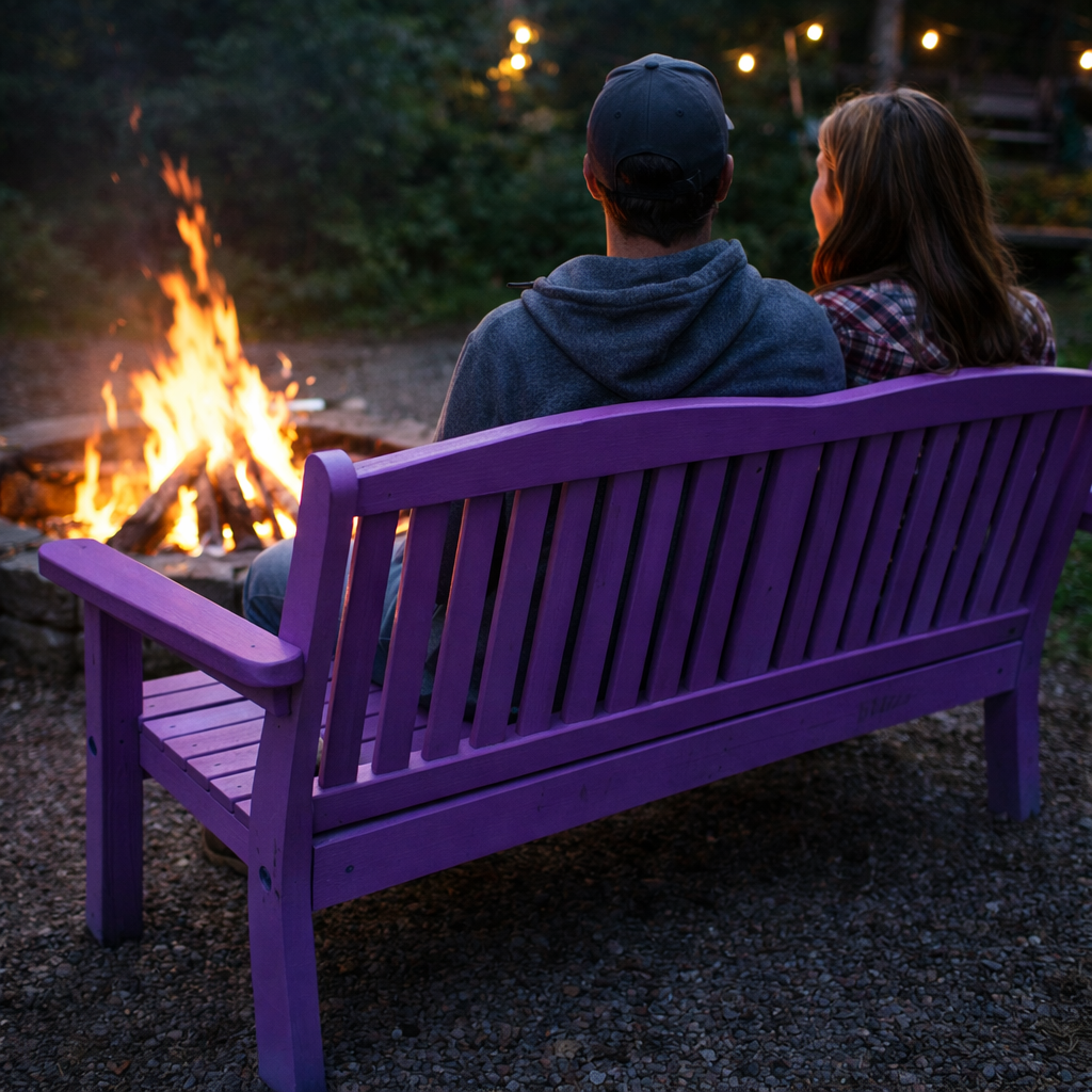 Backyard fire pit seating with wooden bench built from DIY bench plans