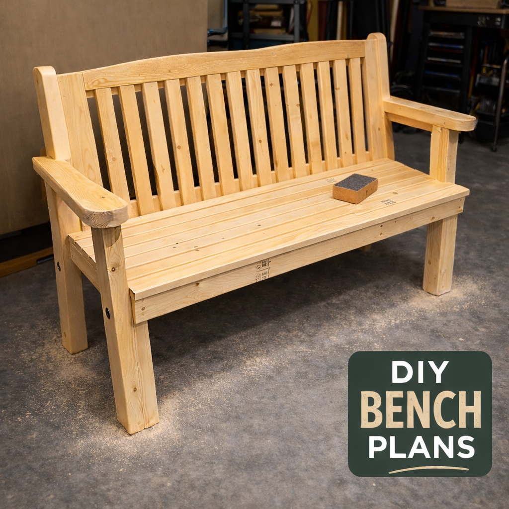 DIY garden bench woodworking plans – outdoor wooden bench project with sanding block in workshop