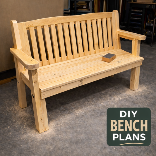 DIY garden bench woodworking plans – outdoor wooden bench project with sanding block in workshop