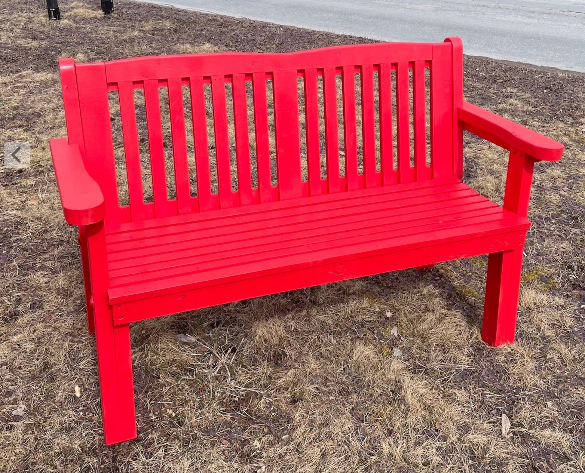 Painted red  outdoor garden bench example built from DIY woodworking plans