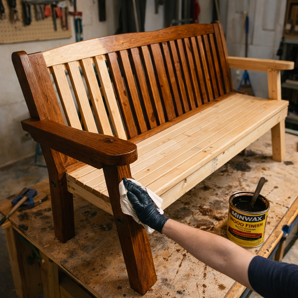 Applying wood stain to outdoor bench – finishing step for DIY garden bench woodworking project